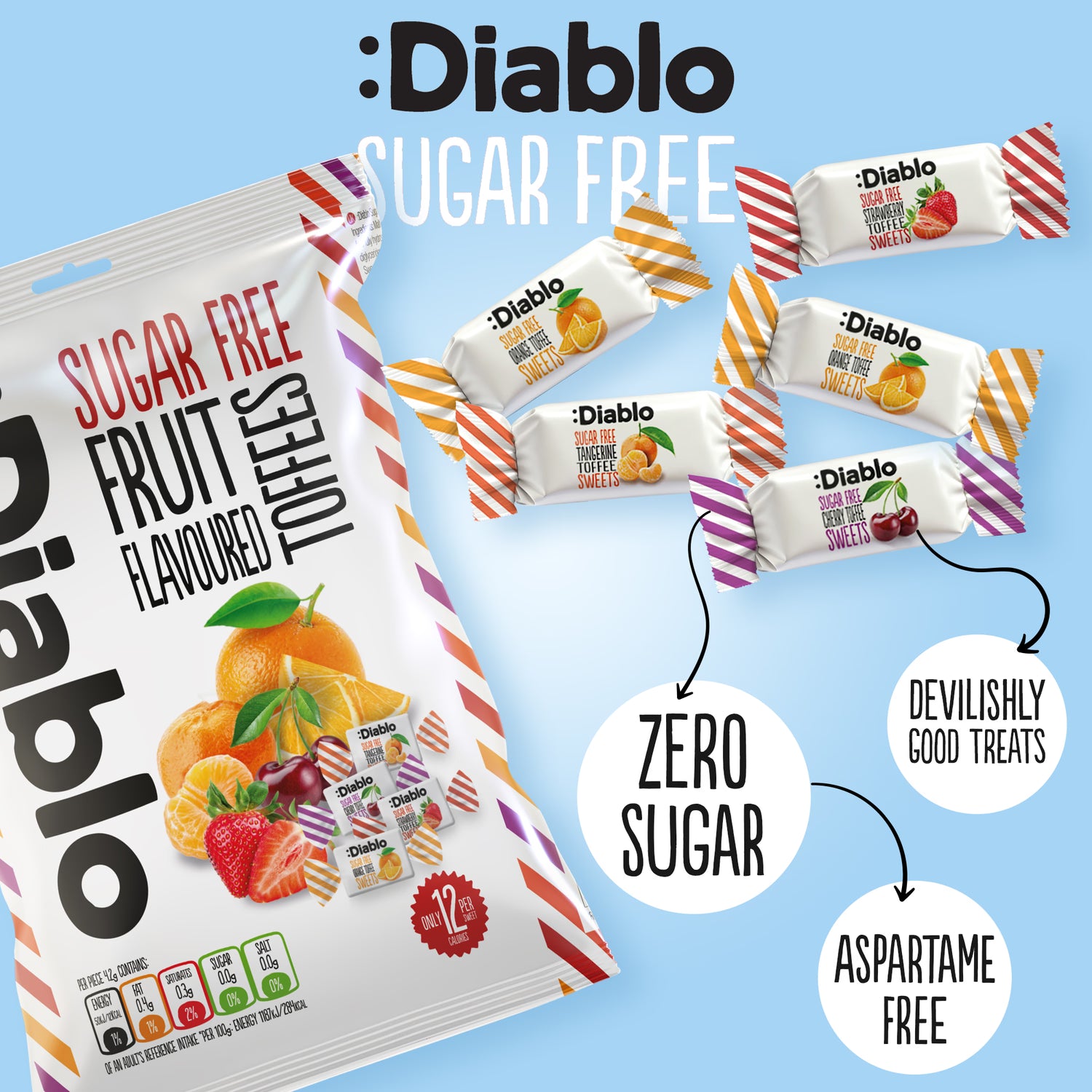 Diablo sugar free fruit toffees 75g, imported from the UK