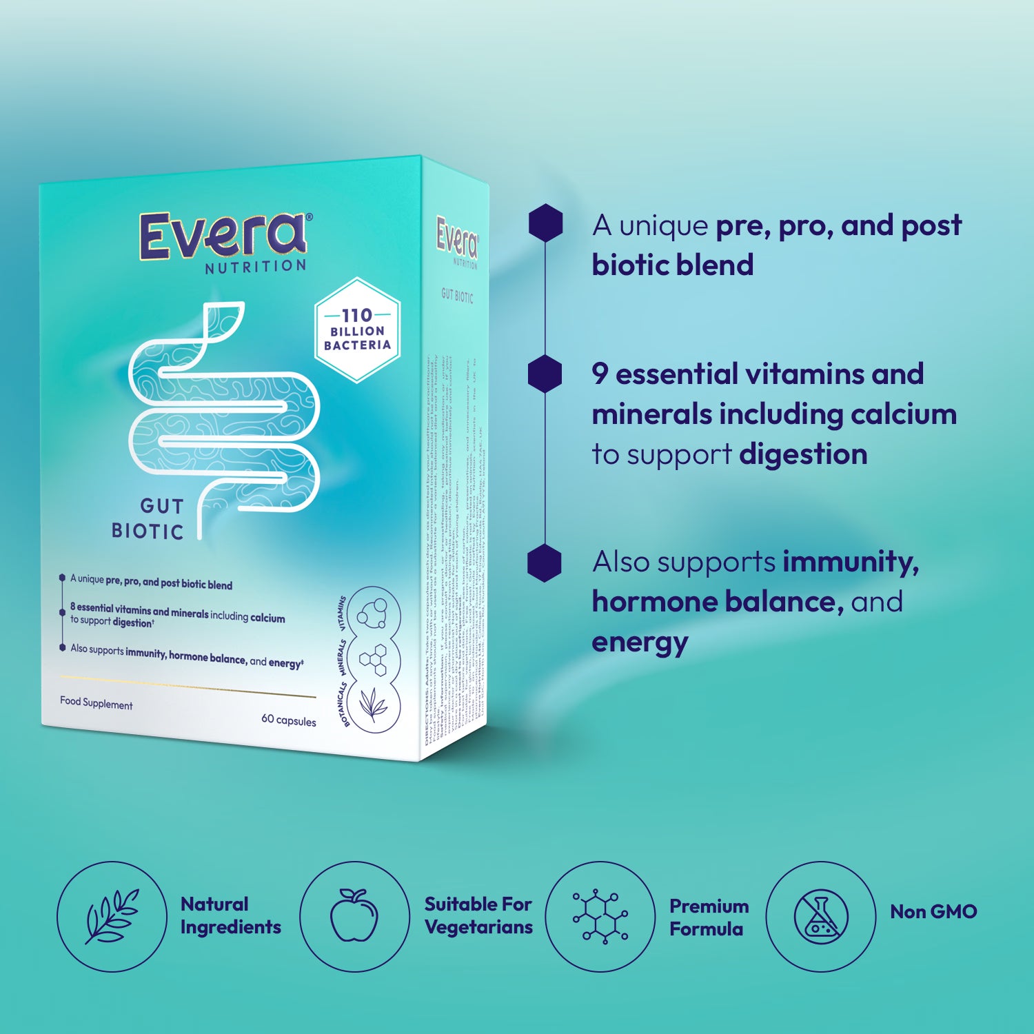 Evera Nutrition Gut Biotic supplement 60 capsules, imported from the UK