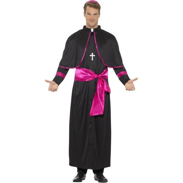 Smiffys Cardinal Costume black robe hat cross necklace, imported from the UK