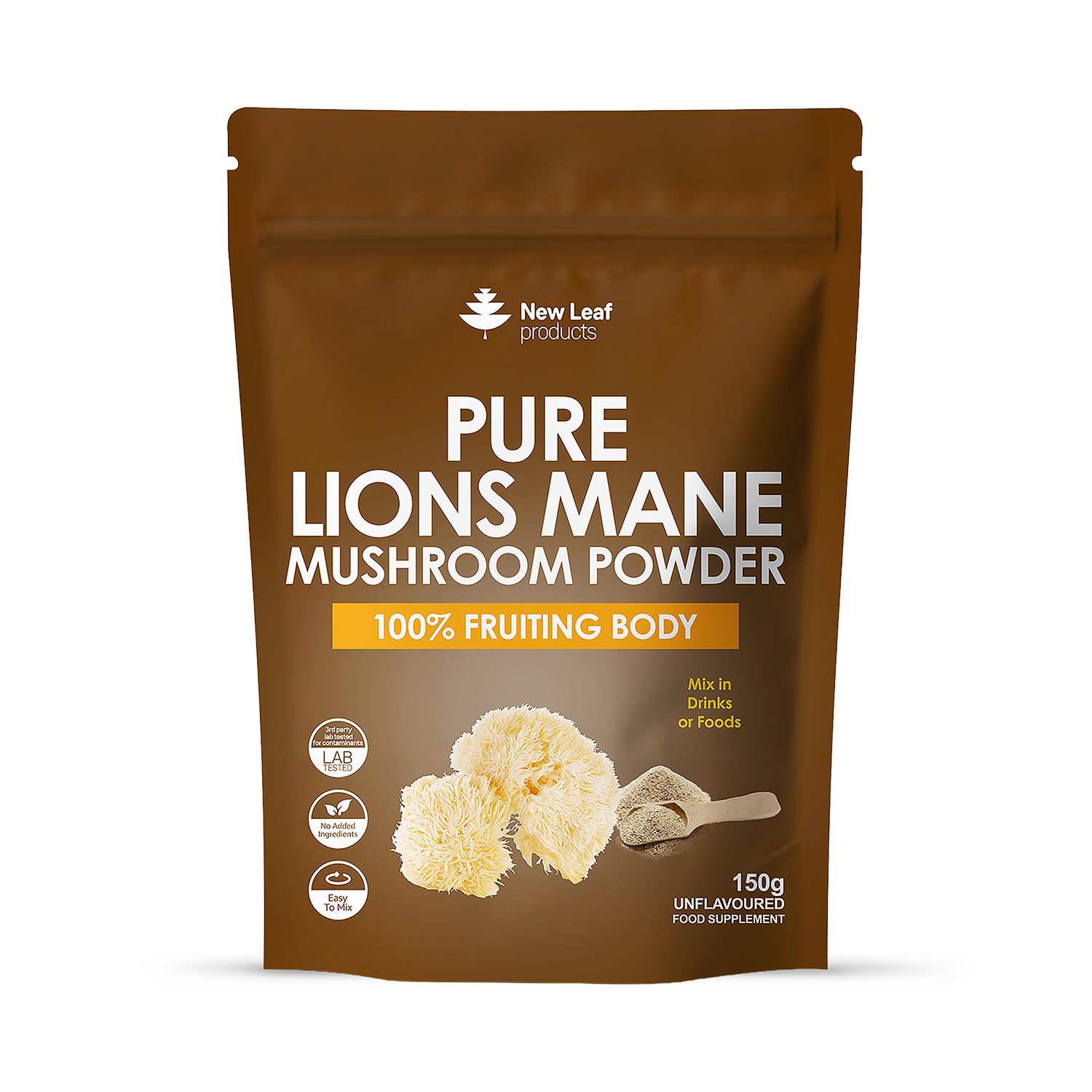 New Leaf Products Lion's Mane Mushroom Powder 150g, imported from the UK