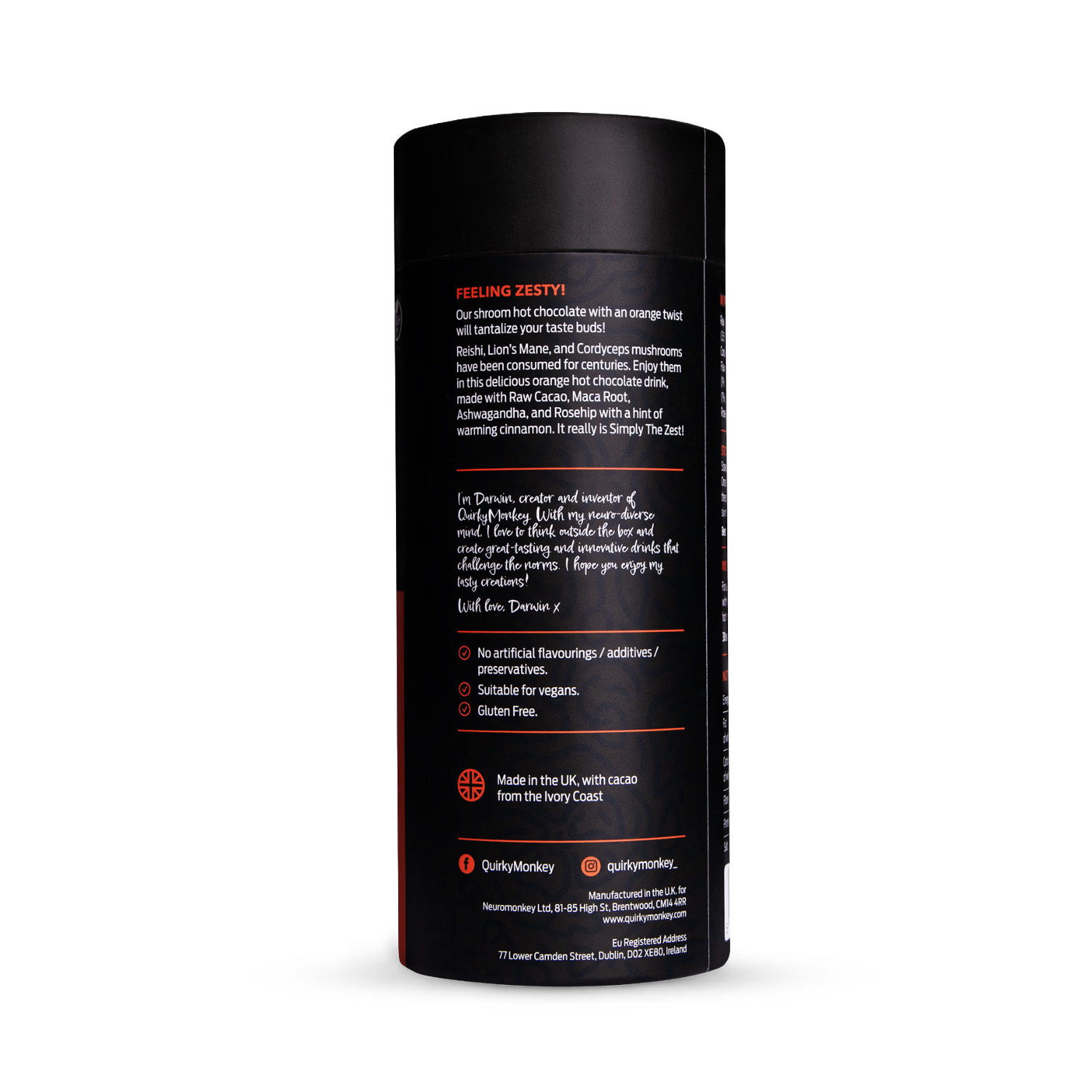 Quirky Monkey mushroom orange hot chocolate mix 150g, imported from the UK