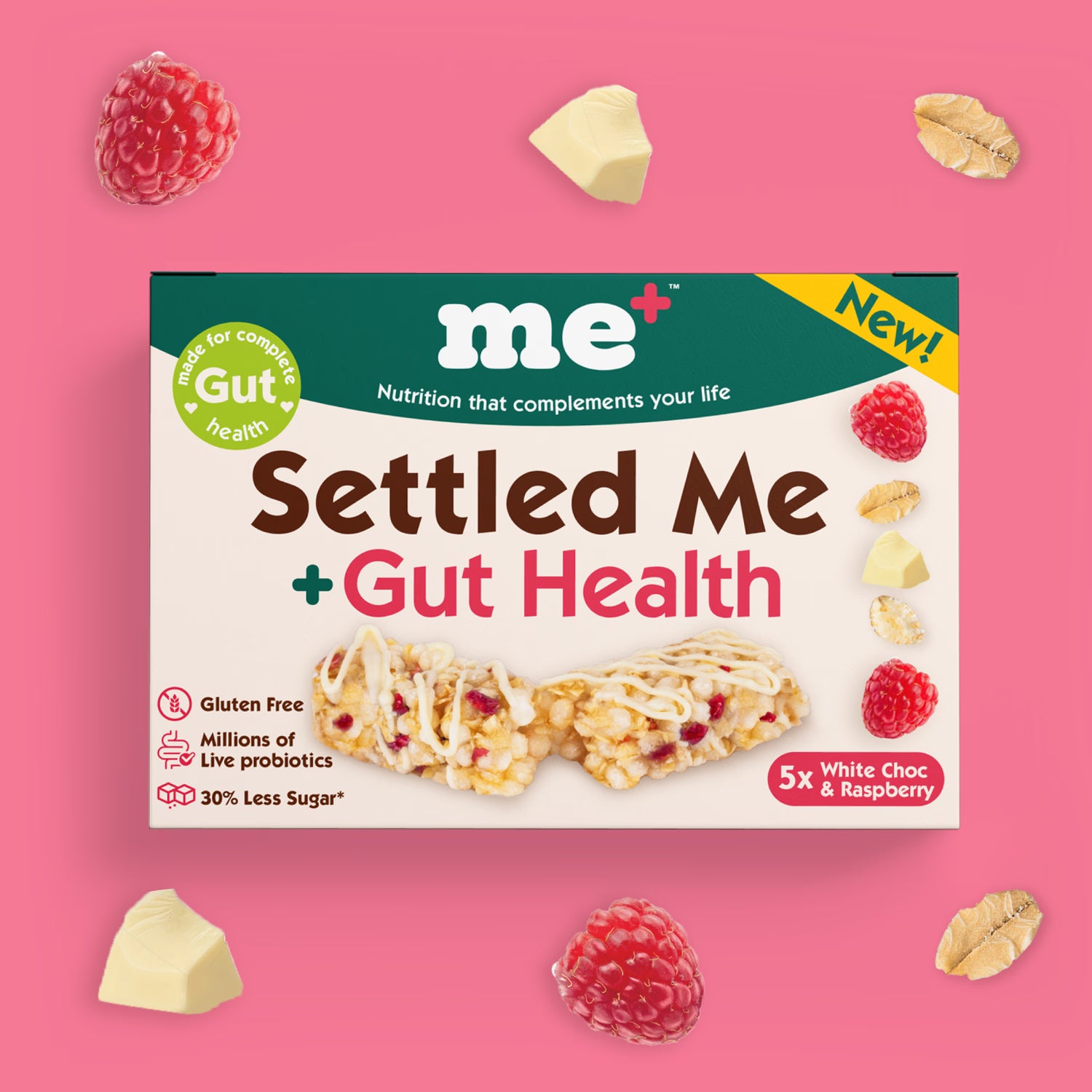 Settled Me+ white choc raspberry oat bars 5x19g UK version