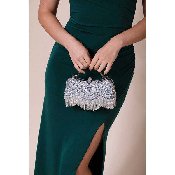 SVNX embellished fringe clutch bag in silver (British brand)