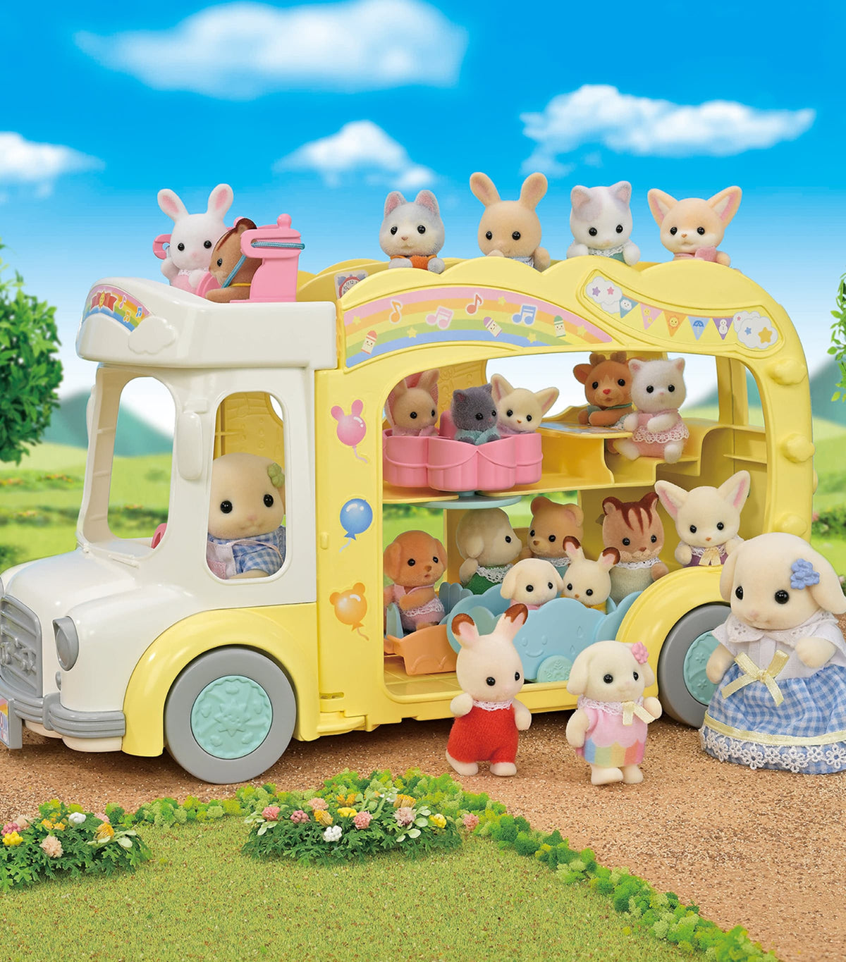 Sylvanian Families rainbow fun nursery bus playset with transforming play area (British brand)