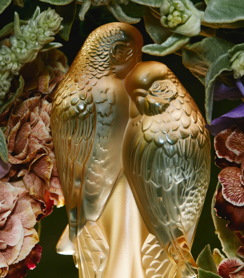 Lalique crystal sculpture two parakeets, UK version
