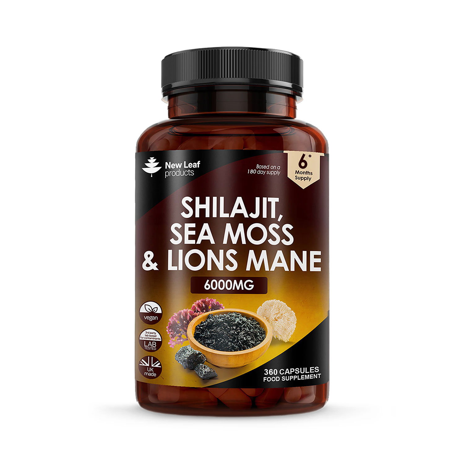 New Leaf Shilajit Sea Moss Lions Mane capsules 360 (British brand)