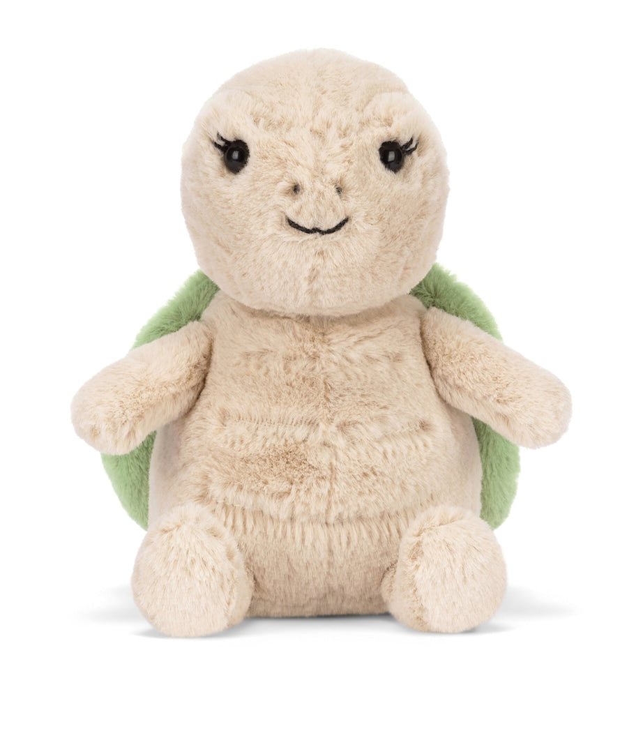 Jellycat soft plush turtle toy with beige fur and green shell, 10cm, UK version