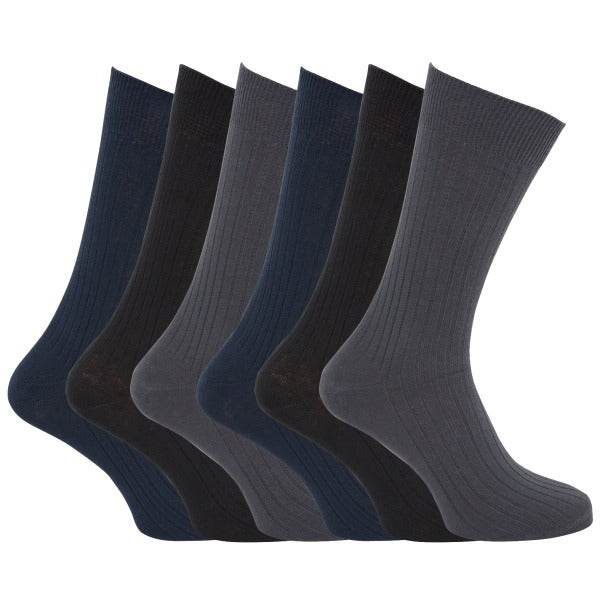 Mens 100% Cotton Ribbed Socks (Pack Of 6) (UK Shoe 6-11) GOODS Superdrug Black/Grey/Navy  