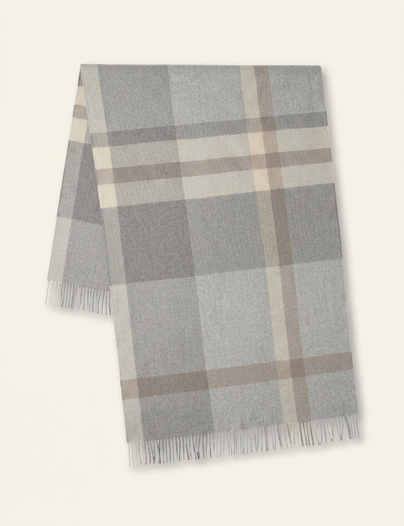 Mulberry merino wool scarf with large check pattern and tassels (British brand)