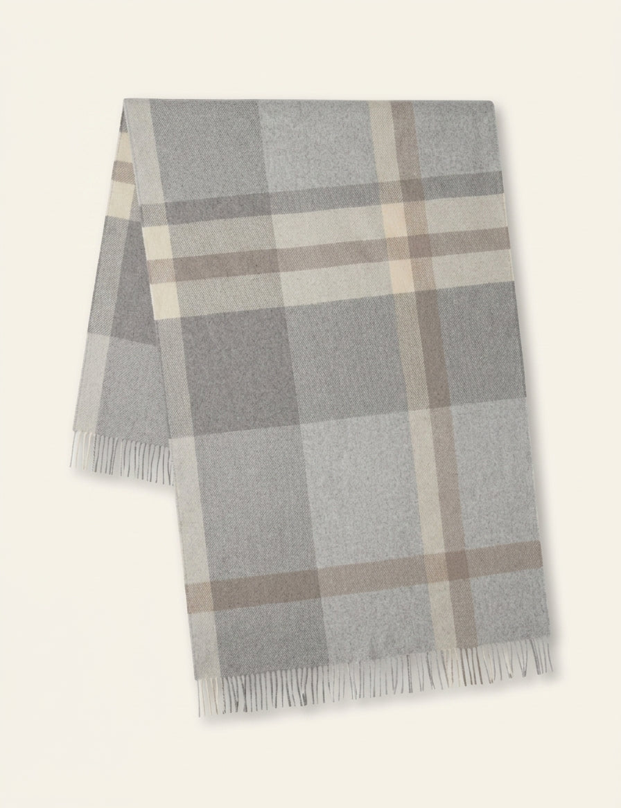 Mulberry merino wool scarf with large check pattern and tassels (British brand)