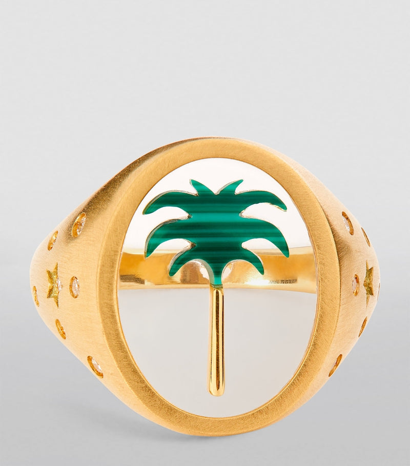 L'Atelier Nawbar biladi palm ring with diamonds and malachite, UK version