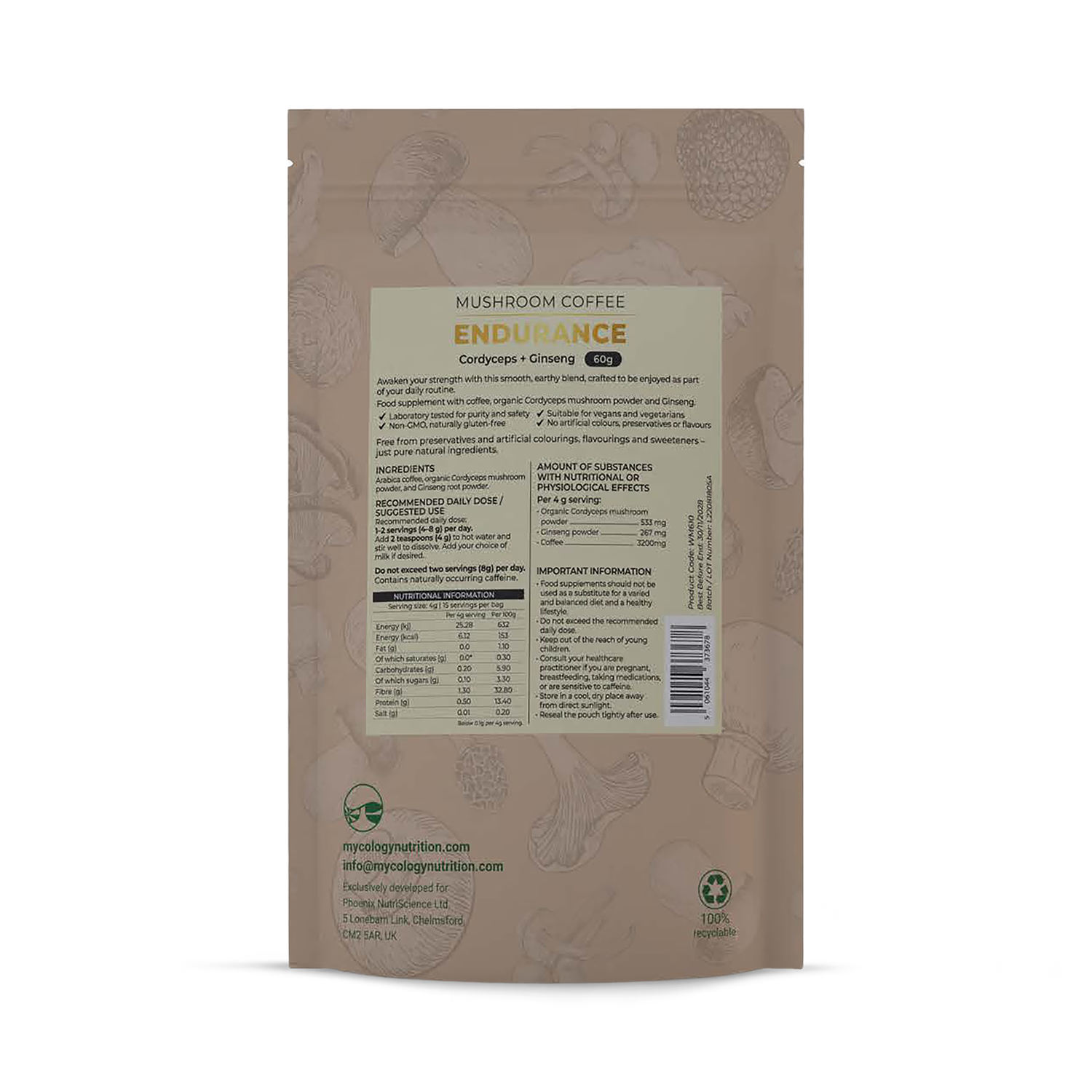 Mycology Nutrition Endurance Coffee Cordyceps and Ginseng 60g, UK version