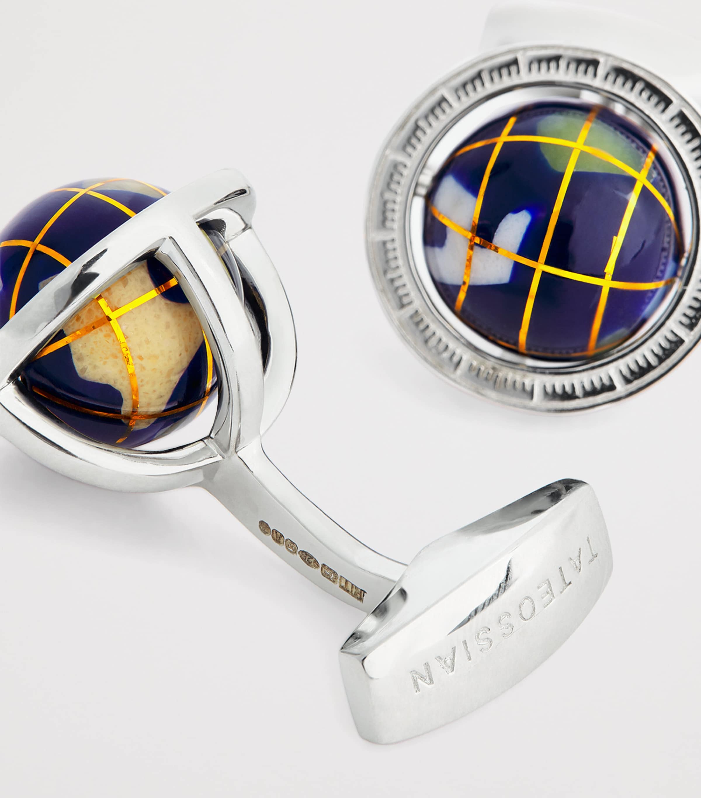 Tateossian globe cufflinks sterling silver lapis lazuli, imported from the UK