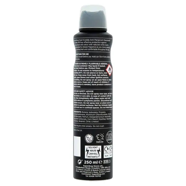 Superdrug Men's Deodorant 48hr Cool 250ml (British brand)