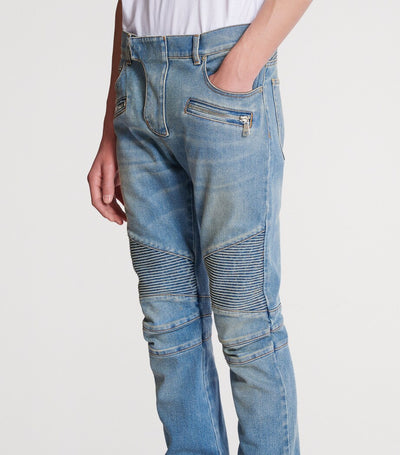 Slim Fit Light Wash Biker Jeans with Zip Fly and Ankle Zips