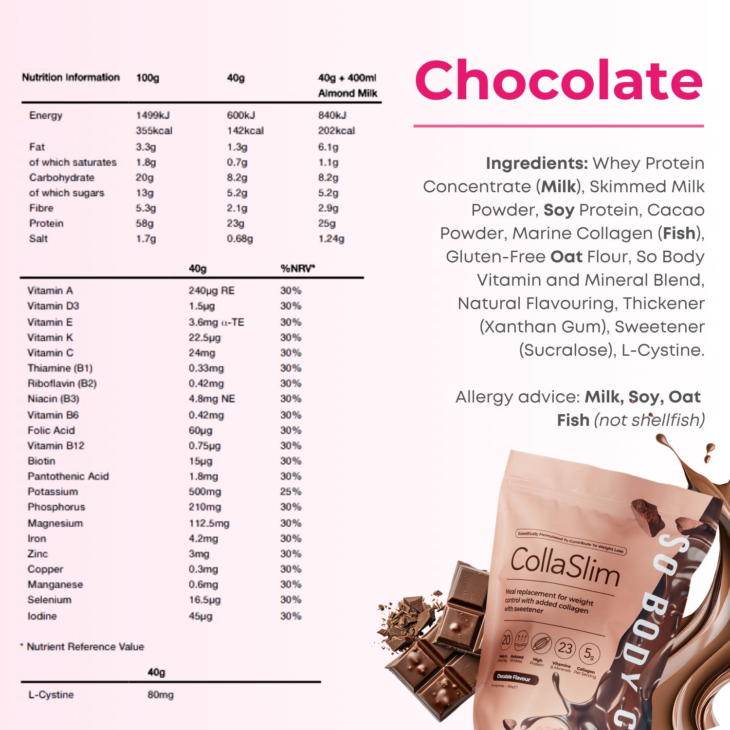 So Body Co CollaSlim chocolate shake 40g pack, imported from the UK