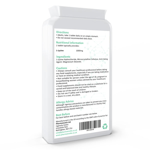 Pharmanostix L-Lysine 1000mg 90 tablets, imported from the UK