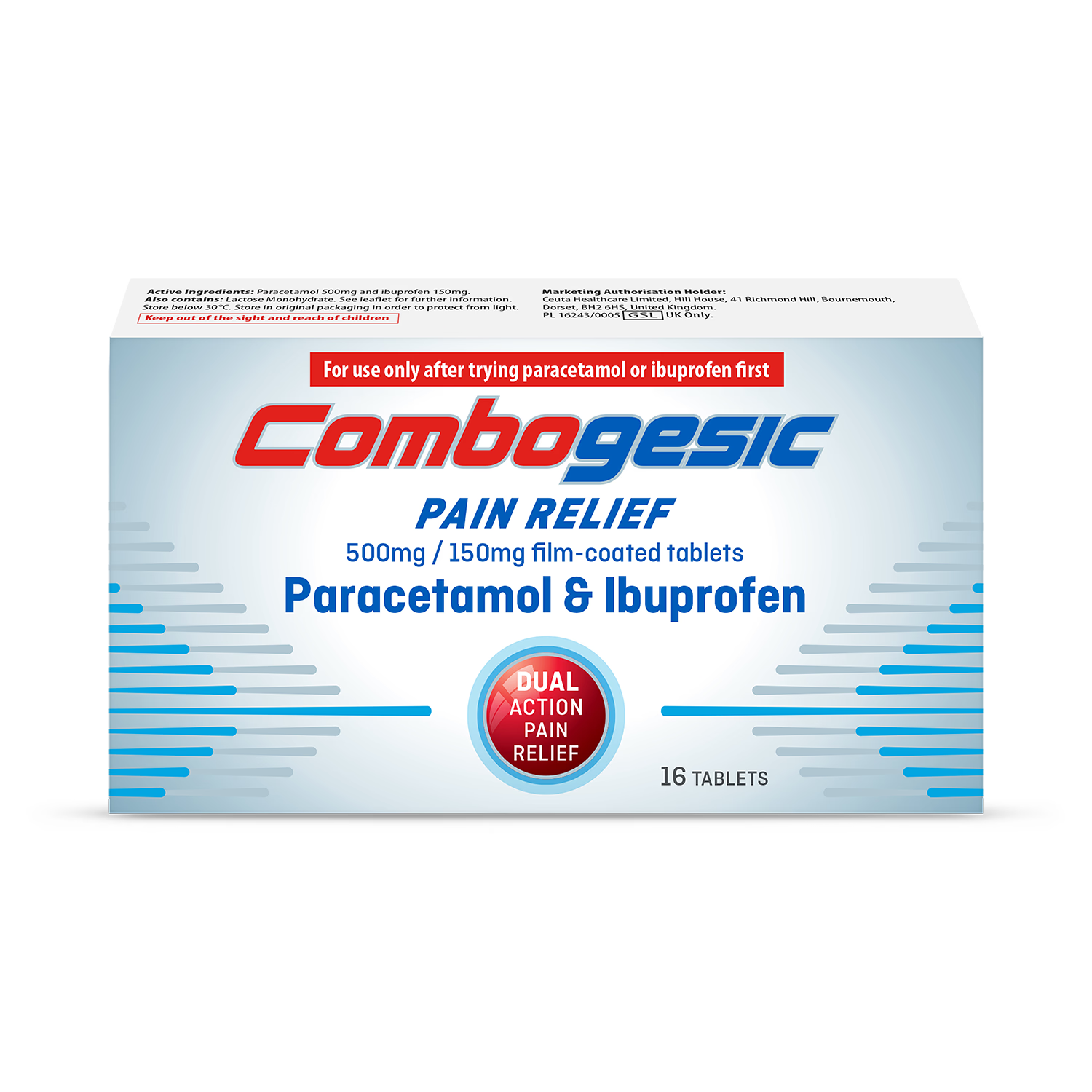 Combogesic pain relief tablets 500mg/150mg 16 tablets (British brand)