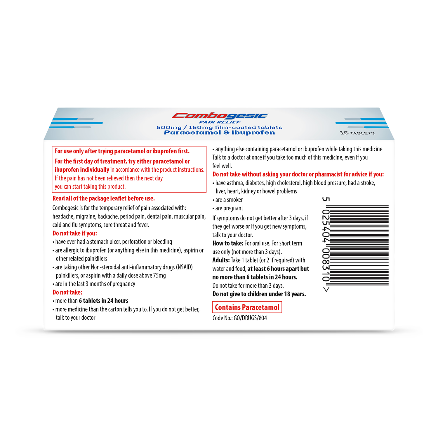 Combogesic pain relief tablets 500mg/150mg 16 tablets (British brand)