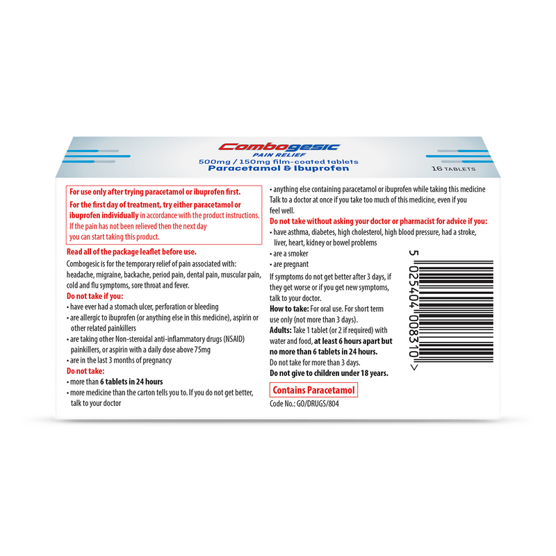 Combogesic pain relief tablets 500mg/150mg 16 tablets (British brand)