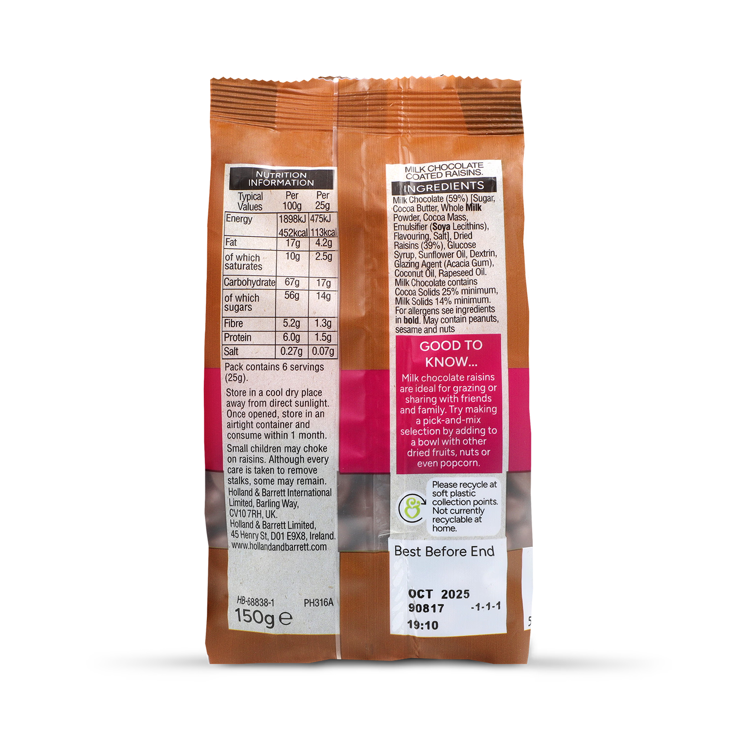 Holland & Barrett Milk Chocolate Raisins 150g, UK version