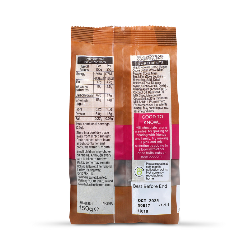 Holland & Barrett Milk Chocolate Raisins 150g, UK version
