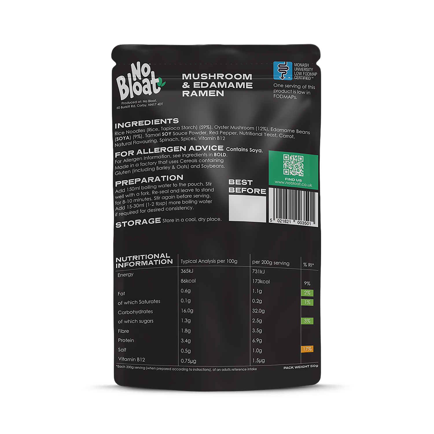 No Bloat Mushroom & Edamame Ramen pouches 4 x 50g - British product