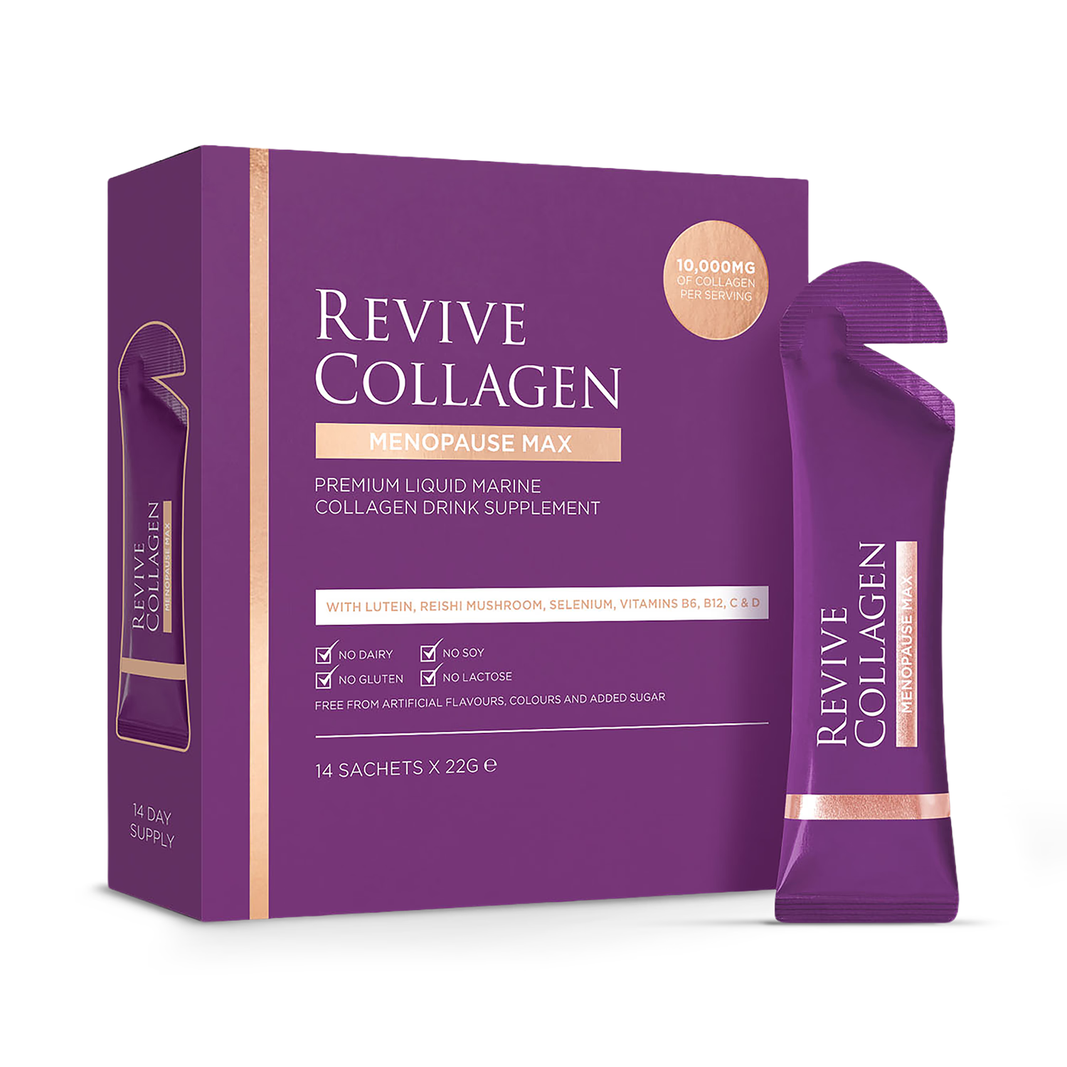 Revive Collagen Menopause Max 10,000mg powder sachets, imported from the UK