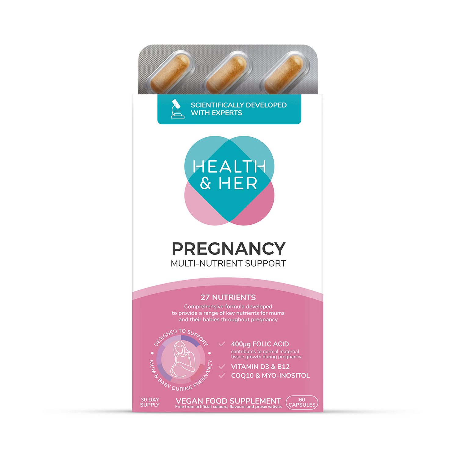 Health & Her pregnancy multivitamin supplement 60 capsules, imported from the UK