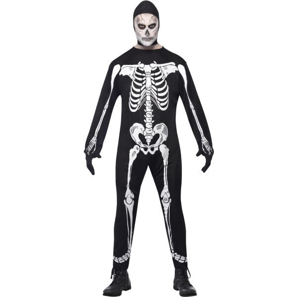 Smiffys Skeleton Jumpsuit Costume - Black with Hood and Gloves