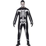 Smiffys Skeleton Jumpsuit Costume - Black with Hood and Gloves