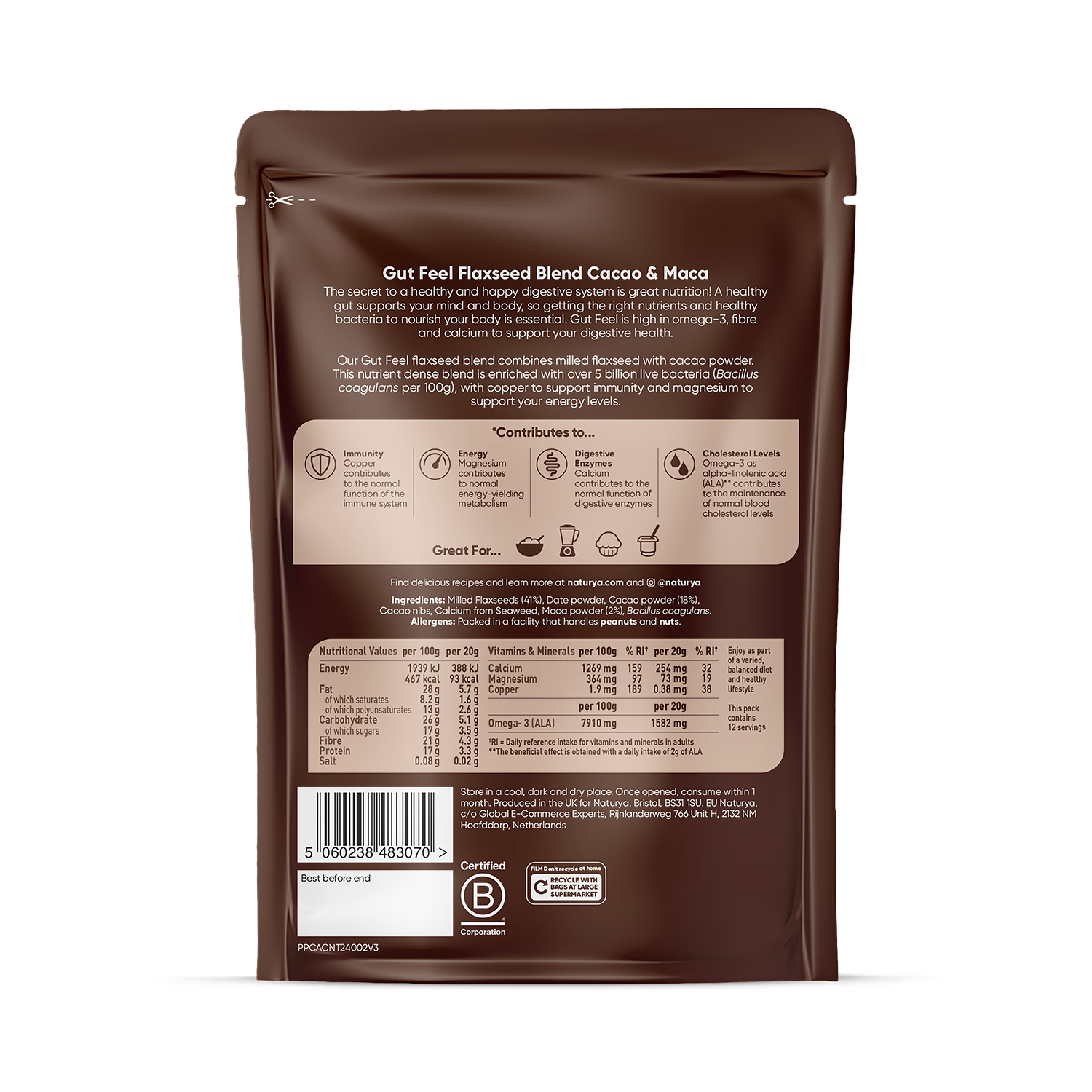 Naturya Gut Feel Flaxseed Blend Cacao & Maca 240g - British product