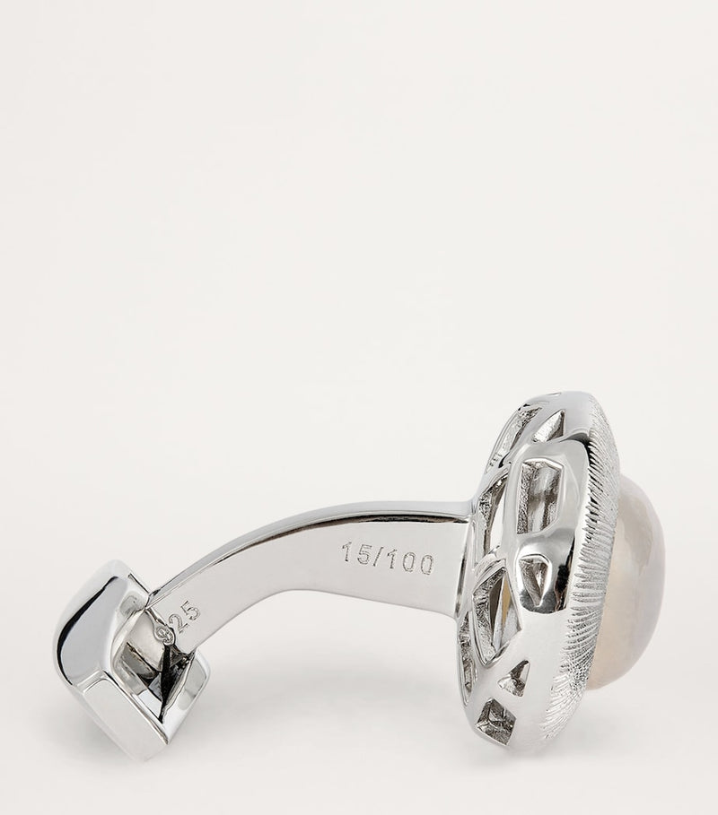 Tateossian rhodium-plated silver moonstone Graffiato cufflinks, imported from the UK