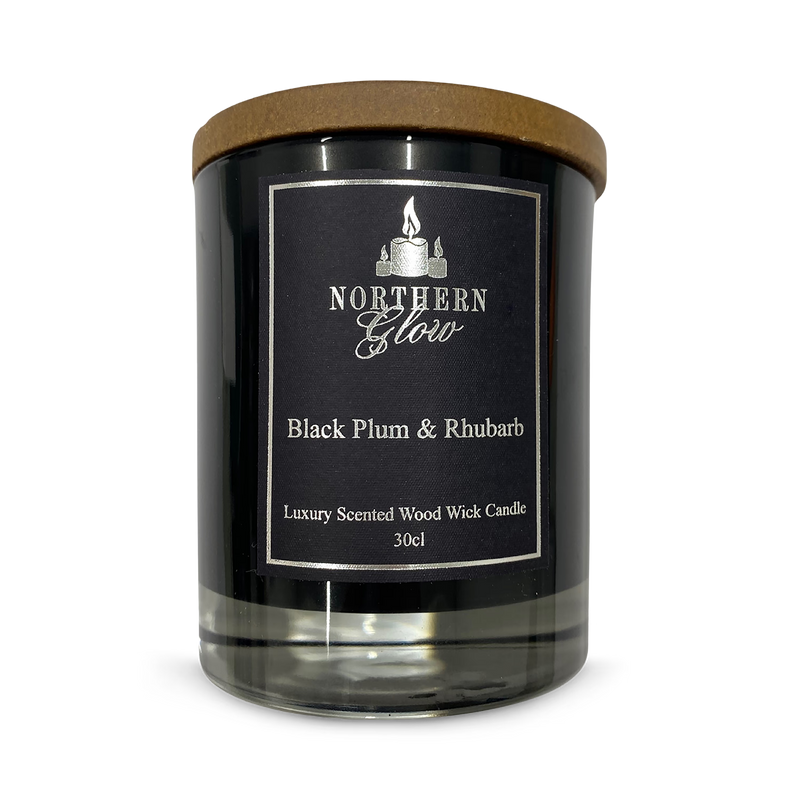 Black plum rhubarb scented wood wick candle, imported from the UK