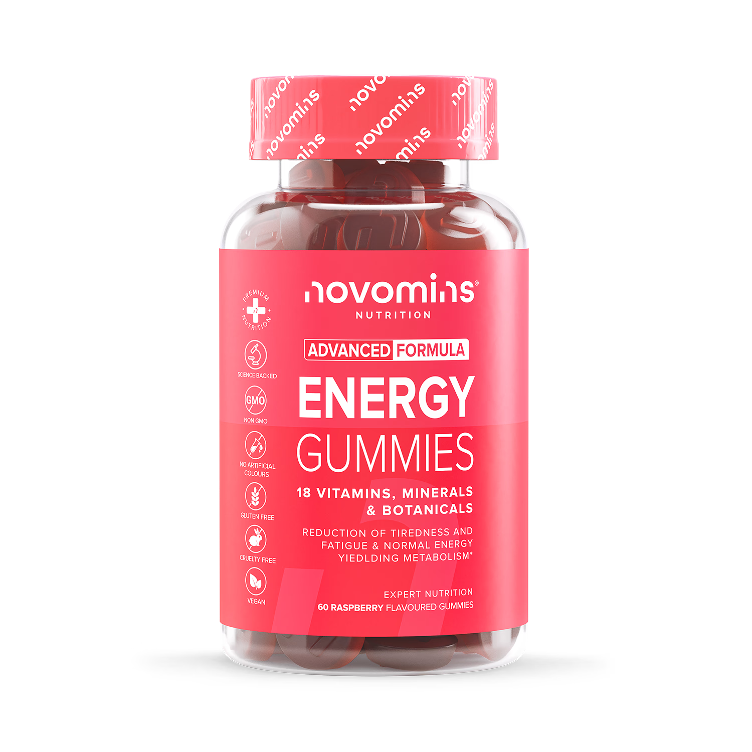 Novomins Energy Gummies Raspberry Flavour 60 Gummies, UK version