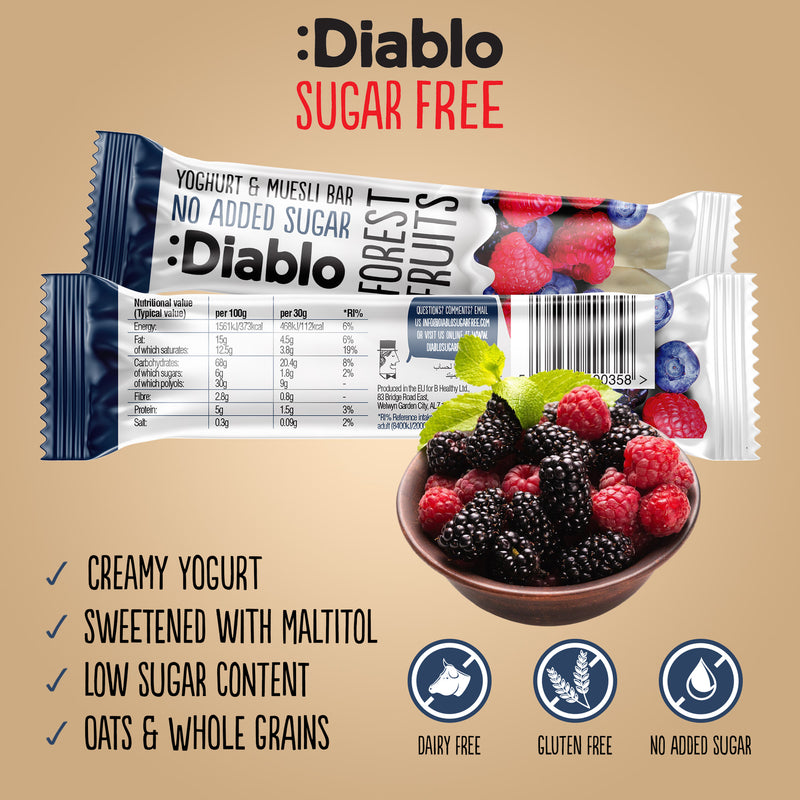 Diablo forest fruits muesli bar no added sugar 30g, imported from the UK