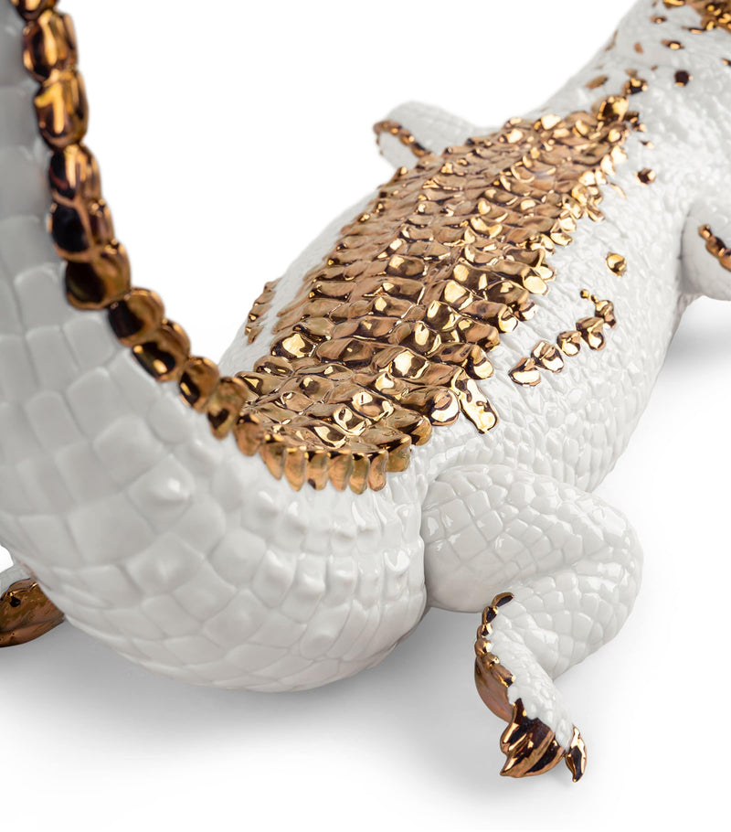 Lladró crocodile figurine white porcelain gold lustre, UK version