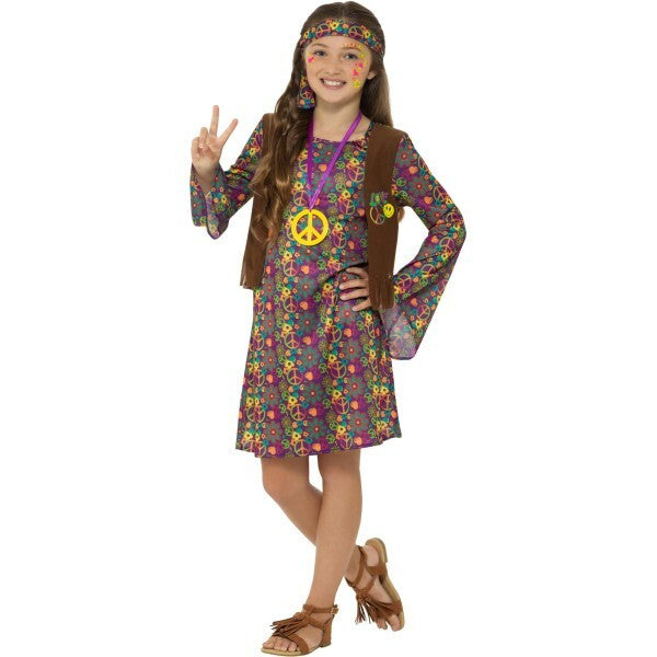 Smiffys hippie girl costume with dress waistcoat headband medallion, UK version