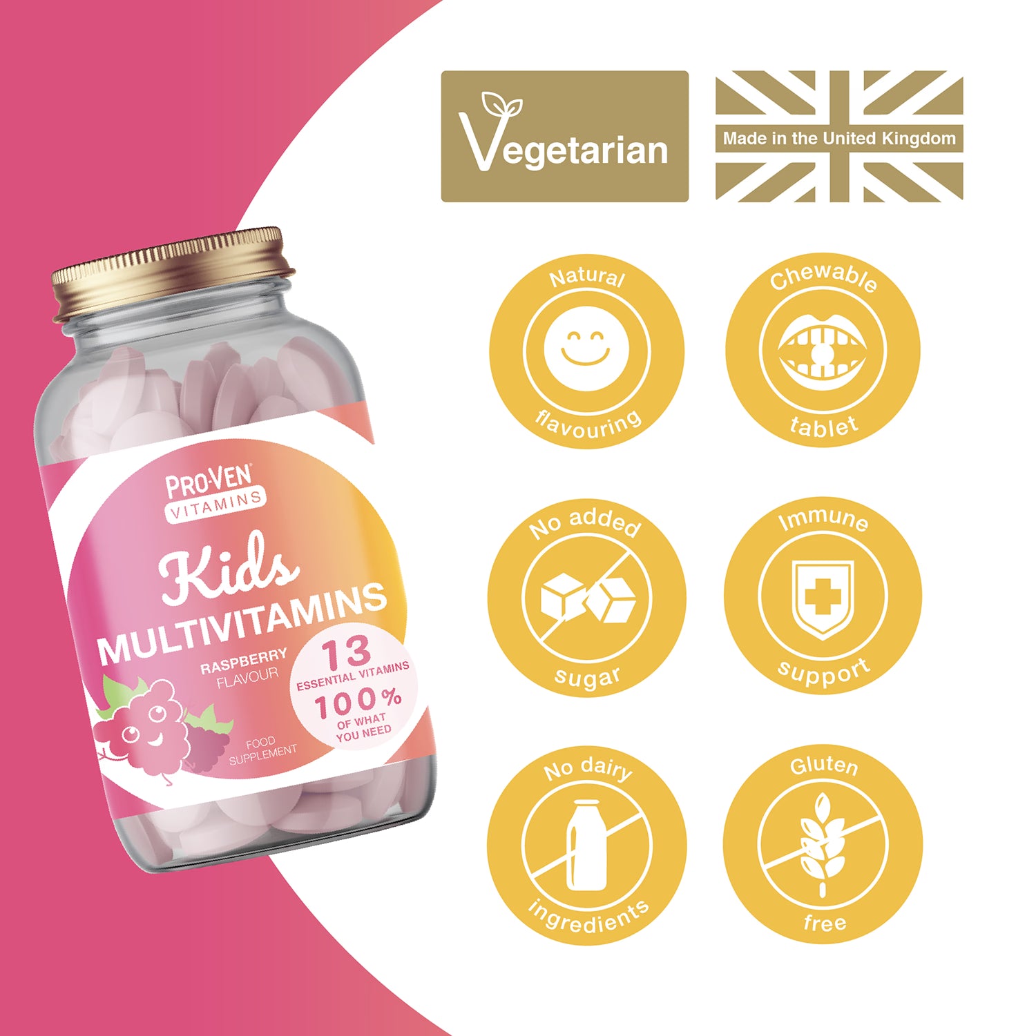 Pro-Ven kids multivitamins raspberry flavour 60 tablets, UK version