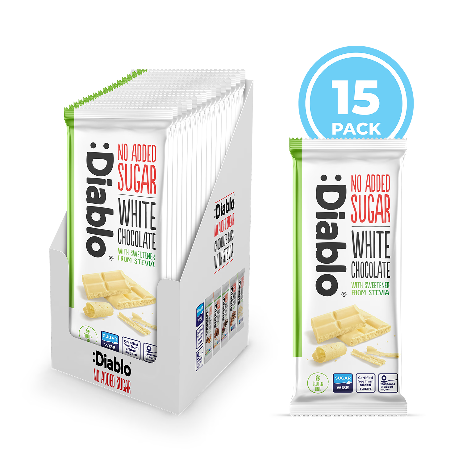 Diablo white chocolate bars 75g pack of 15, imported from the UK