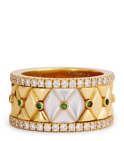Harrods L'atelier Nawbar Bond Street Ring with Yellow Gold Diamonds Emeralds and Pearl Luxury Jewelry Size 48- Buy online at McGrocer