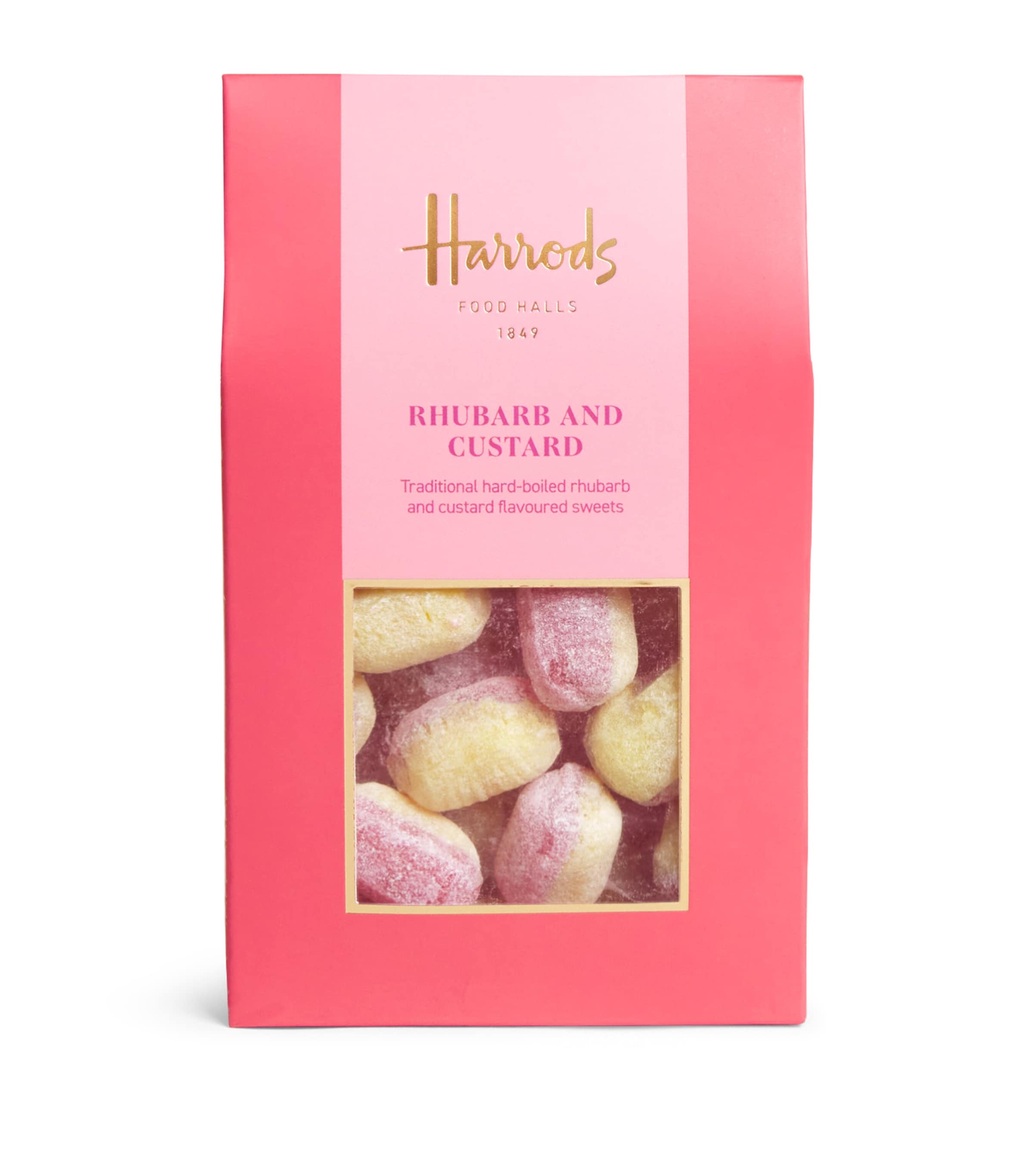 Harrods rhubarb and custard hard-boiled sweets 160g, UK version