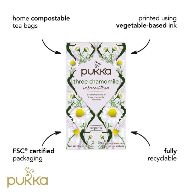 Pukka Organic Three Chamomile Tea 20 Home Compostable Herbal Tea Bags   20 per pack