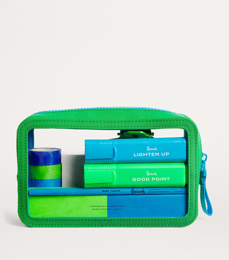 Harrods colourful pencil case set with highlighters and pencils, UK version