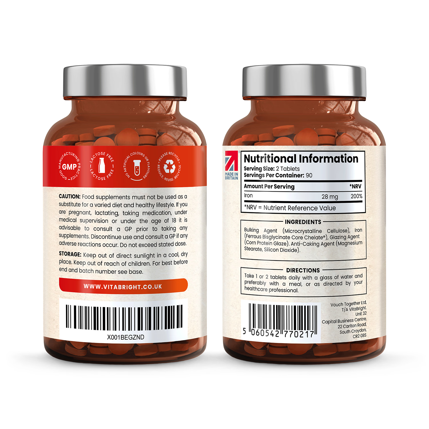 VitaBright iron bisglycinate supplement 28mg 180 tablets, imported from the UK