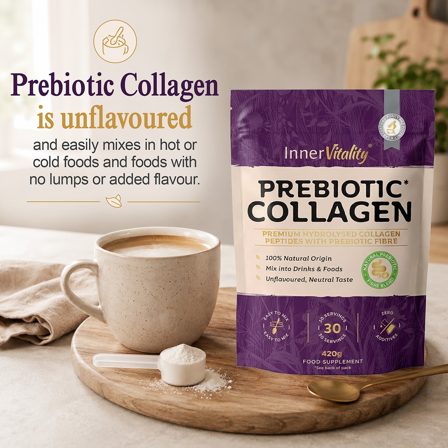 Inner Vitality Prebiotic Collagen Powder unflavoured 30 servings - British product