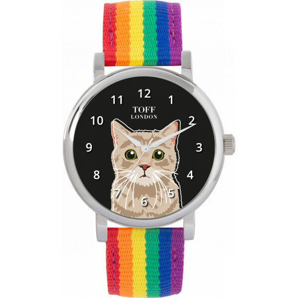 Toff London Black Ladies Beige Tabby Cat Head Watch, UK version