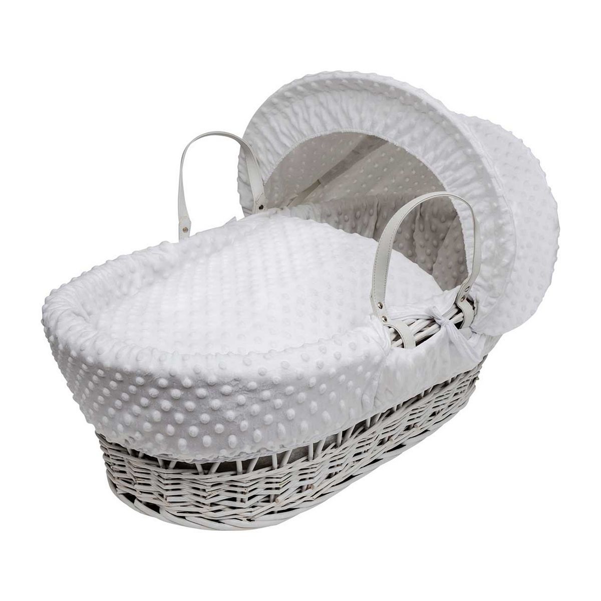 Kinder Valley White Dimple White Wicker Moses Basket and Chester Rocking Stand White GOODS Boots   