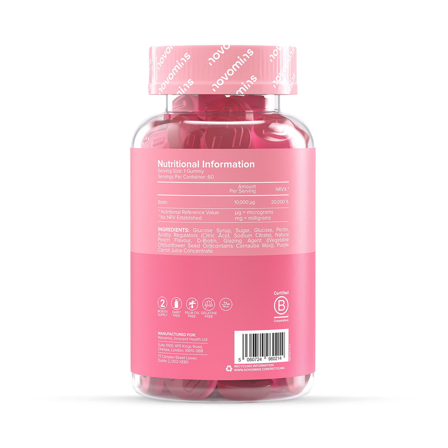 Novomins biotin gummies peach flavoured 60 gummies, imported from the UK