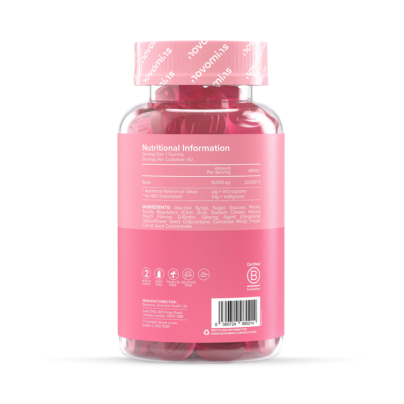 Novomins biotin gummies peach flavoured 60 gummies, imported from the UK
